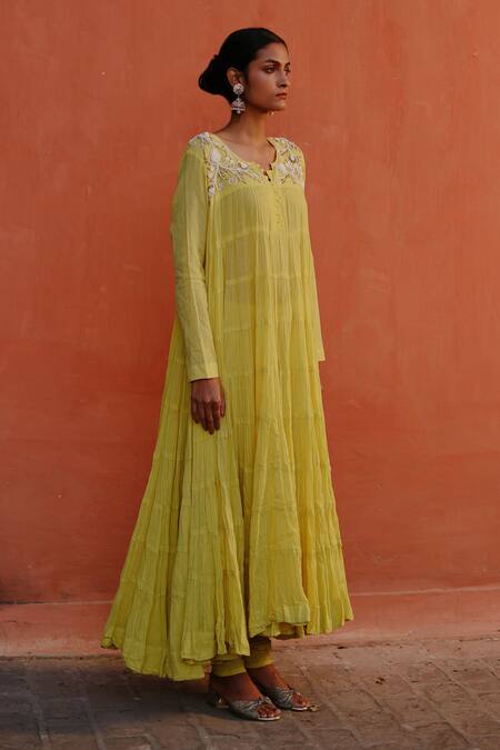 Buy Nazar By Indu Green Cotton Pearls, Sequins V-neck Embroidered Yoke Anarkali Churidar Set Online at Aza Fashions Buy_Nazar By Indu_Green Cotton Pearls, Sequins V-neck Embroidered Yoke Anarkali Churidar Set _Online_at_Aza_Fashions