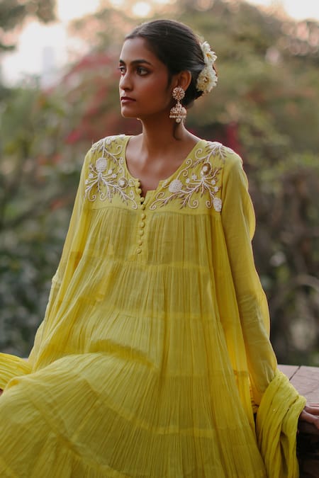 Shop Nazar By Indu Green Cotton Pearls, Sequins V-neck Embroidered Yoke Anarkali Churidar Set Online at Aza Fashions Shop_Nazar By Indu_Green Cotton Pearls, Sequins V-neck Embroidered Yoke Anarkali Churidar Set _Online_at_Aza_Fashions