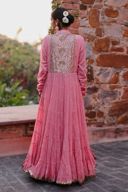 Shop Nazar By Indu Pink Cotton Gota Patti, Sequins Collared Embroidered Yoke Anarkali With Churidar at Aza Fashions Shop_Nazar By Indu_Pink Cotton Gota Patti, Sequins Collared Embroidered Yoke Anarkali With Churidar _at_Aza_Fashions