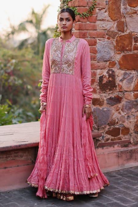 Nazar By Indu Pink Cotton Gota Patti, Sequins Collared Embroidered Yoke Anarkali With Churidar Online at Aza Fashions Nazar By Indu_Pink Cotton Gota Patti, Sequins Collared Embroidered Yoke Anarkali With Churidar _Online_at_Aza_Fashions