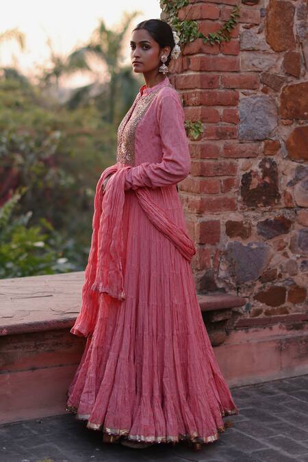 Shop Nazar By Indu Pink Cotton Gota Patti, Sequins Collared Embroidered Yoke Anarkali With Churidar Online at Aza Fashions Shop_Nazar By Indu_Pink Cotton Gota Patti, Sequins Collared Embroidered Yoke Anarkali With Churidar _Online_at_Aza_Fashions