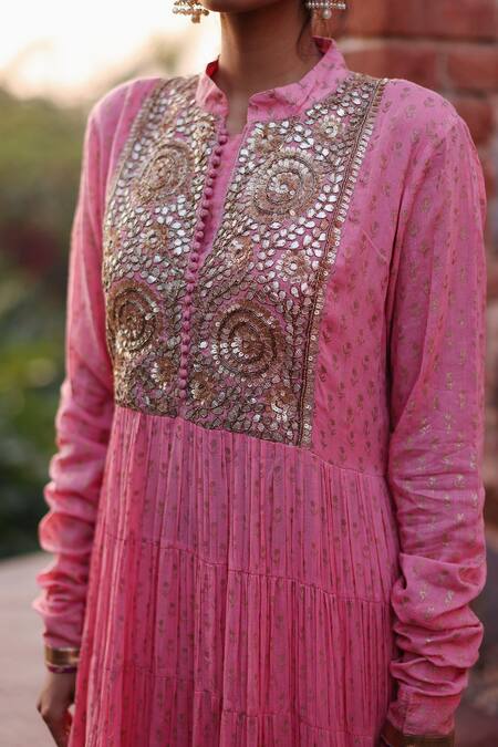 Nazar By Indu Pink Cotton Gota Patti, Sequins Collared Embroidered Yoke Anarkali With Churidar at Aza Fashions Nazar By Indu_Pink Cotton Gota Patti, Sequins Collared Embroidered Yoke Anarkali With Churidar _at_Aza_Fashions