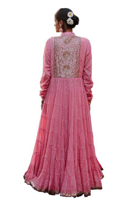 Buy Nazar By Indu Pink Cotton Gota Patti, Sequins Collared Embroidered Yoke Anarkali With Churidar Buy_Nazar By Indu_Pink Cotton Gota Patti, Sequins Collared Embroidered Yoke Anarkali With Churidar
