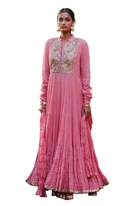 Shop Nazar By Indu Pink Cotton Gota Patti, Sequins Collared Embroidered Yoke Anarkali With Churidar Shop_Nazar By Indu_Pink Cotton Gota Patti, Sequins Collared Embroidered Yoke Anarkali With Churidar