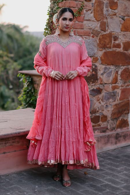 Nazar by Indu Pink Cotton Embroidery Gota Patti Mandarin Collar Yoke Anarkali And Churidar Set