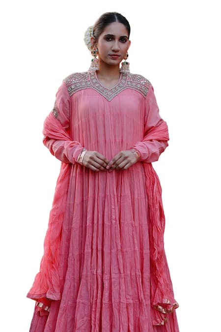 Nazar By Indu_Pink Cotton Beads, Embroidery, Gota Patti, Sequins Yoke Anarkali And Churidar Set _Online_at_Aza_Fashions