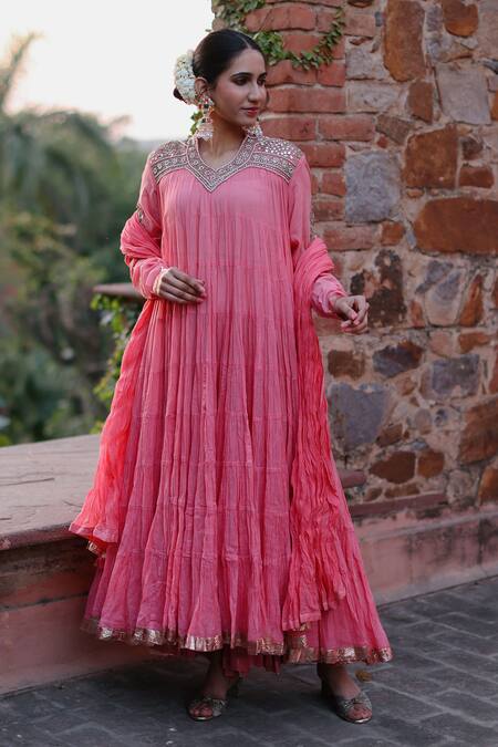 Buy_Nazar By Indu_Pink Cotton Beads, Embroidery, Gota Patti, Sequins Yoke Anarkali And Churidar Set _Online_at_Aza_Fashions