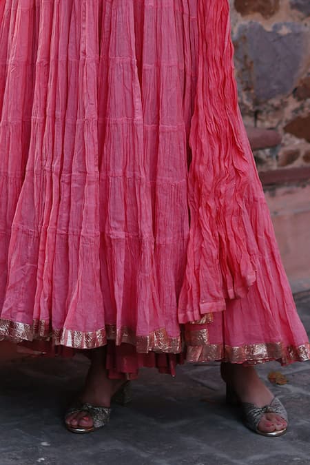 Shop_Nazar By Indu_Pink Cotton Beads, Embroidery, Gota Patti, Sequins Yoke Anarkali And Churidar Set _Online_at_Aza_Fashions