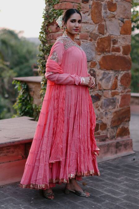 Nazar By Indu_Pink Cotton Beads, Embroidery, Gota Patti, Sequins Yoke Anarkali And Churidar Set _at_Aza_Fashions