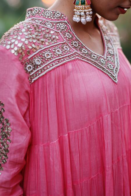 Shop_Nazar By Indu_Pink Cotton Beads, Embroidery, Gota Patti, Sequins Yoke Anarkali And Churidar Set 