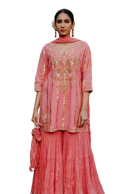 Nazar By Indu Peach Cotton Zari, Sequins, Beads, Floral Embellished Kurta Gharara Set Online at Aza Fashions Nazar By Indu_Peach Cotton Zari, Sequins, Beads, Floral Embellished Kurta Gharara Set _Online_at_Aza_Fashions