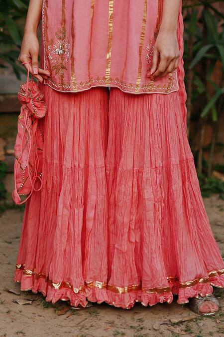 Buy Nazar By Indu Peach Cotton Zari, Sequins, Beads, Floral Embellished Kurta Gharara Set Online at Aza Fashions Buy_Nazar By Indu_Peach Cotton Zari, Sequins, Beads, Floral Embellished Kurta Gharara Set _Online_at_Aza_Fashions