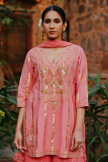 Shop Nazar By Indu Peach Cotton Zari, Sequins, Beads, Floral Embellished Kurta Gharara Set Online at Aza Fashions Shop_Nazar By Indu_Peach Cotton Zari, Sequins, Beads, Floral Embellished Kurta Gharara Set _Online_at_Aza_Fashions