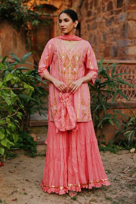 Nazar By Indu Peach Cotton Zari, Sequins, Beads, Floral Embellished Kurta Gharara Set at Aza Fashions Nazar By Indu_Peach Cotton Zari, Sequins, Beads, Floral Embellished Kurta Gharara Set _at_Aza_Fashions