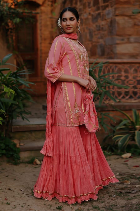 Buy Nazar By Indu Peach Cotton Zari, Sequins, Beads, Floral Embellished Kurta Gharara Set Buy_Nazar By Indu_Peach Cotton Zari, Sequins, Beads, Floral Embellished Kurta Gharara Set