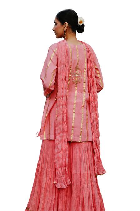 Shop Nazar By Indu Peach Cotton Zari, Sequins, Beads, Floral Embellished Kurta Gharara Set Shop_Nazar By Indu_Peach Cotton Zari, Sequins, Beads, Floral Embellished Kurta Gharara Set