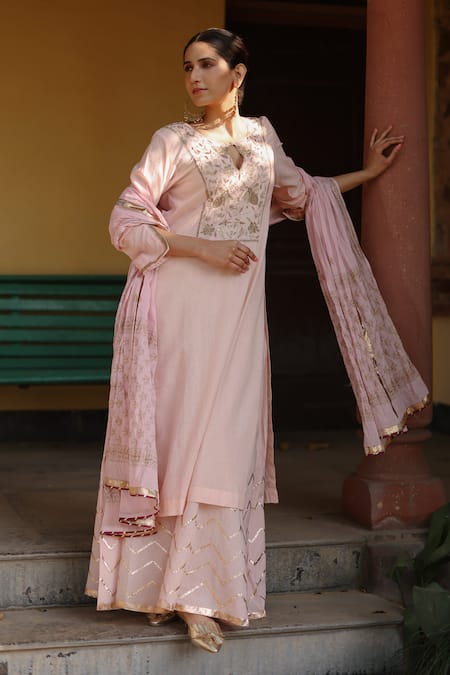 Nazar By Indu Pink Cotton Zari, Sequins Keyhole Neck Flower Embroidered Kurta Gharara Set Online at Aza Fashions Nazar By Indu_Pink Cotton Zari, Sequins Keyhole Neck Flower Embroidered Kurta Gharara Set _Online_at_Aza_Fashions