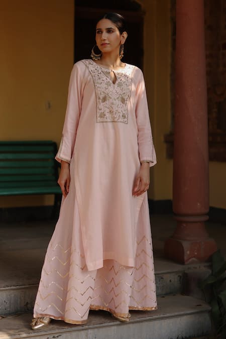 Shop Nazar By Indu Pink Cotton Zari, Sequins Keyhole Neck Flower Embroidered Kurta Gharara Set Online at Aza Fashions Shop_Nazar By Indu_Pink Cotton Zari, Sequins Keyhole Neck Flower Embroidered Kurta Gharara Set _Online_at_Aza_Fashions