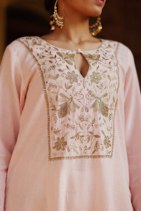 Shop Nazar By Indu Pink Cotton Zari, Sequins Keyhole Neck Flower Embroidered Kurta Gharara Set Shop_Nazar By Indu_Pink Cotton Zari, Sequins Keyhole Neck Flower Embroidered Kurta Gharara Set