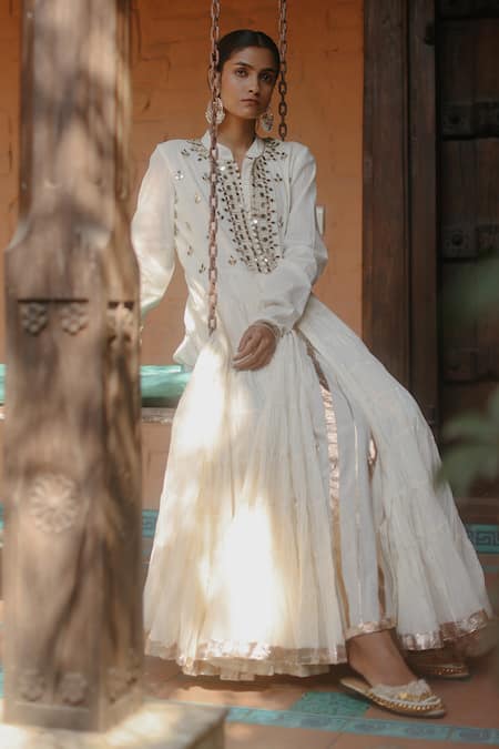 Shop Nazar By Indu White Cotton Mirrors Collared Work Anarkali Pant Set at Aza Fashions Shop_Nazar By Indu_White Cotton Mirrors Collared Work Anarkali Pant Set _at_Aza_Fashions