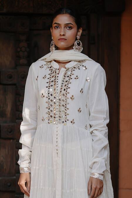 Nazar By Indu White Cotton Mirrors Collared Work Anarkali Pant Set Online at Aza Fashions Nazar By Indu_White Cotton Mirrors Collared Work Anarkali Pant Set _Online_at_Aza_Fashions