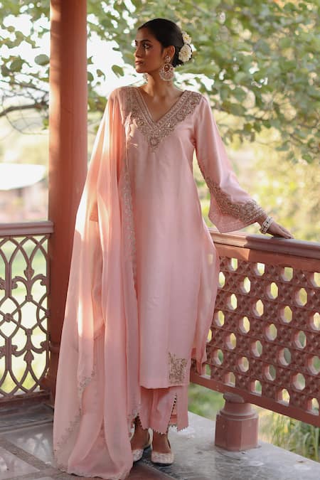 Shop Nazar By Indu Pink Chanderi Beads, Zari V-neck Placement Zardozi Embellished Kurta Pant Set Online at Aza Fashions Shop_Nazar By Indu_Pink Chanderi Beads, Zari V-neck Placement Zardozi Embellished Kurta Pant Set _Online_at_Aza_Fashions