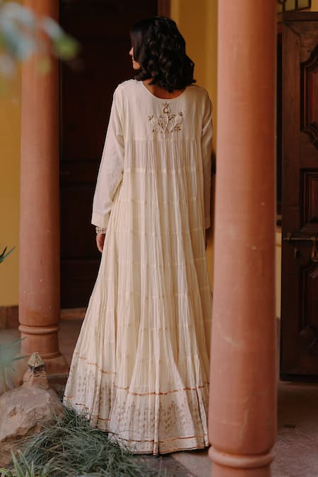 Shop Nazar By Indu White Cotton Embroidery Round Neck Gota Yoke Anarkali With Dupatta at Aza Fashions Shop_Nazar By Indu_White Cotton Embroidery Round Neck Gota Yoke Anarkali With Dupatta _at_Aza_Fashions