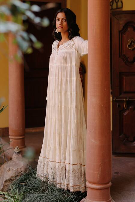Shop Nazar By Indu White Cotton Embroidery Round Neck Gota Yoke Anarkali With Dupatta Online at Aza Fashions Shop_Nazar By Indu_White Cotton Embroidery Round Neck Gota Yoke Anarkali With Dupatta _Online_at_Aza_Fashions