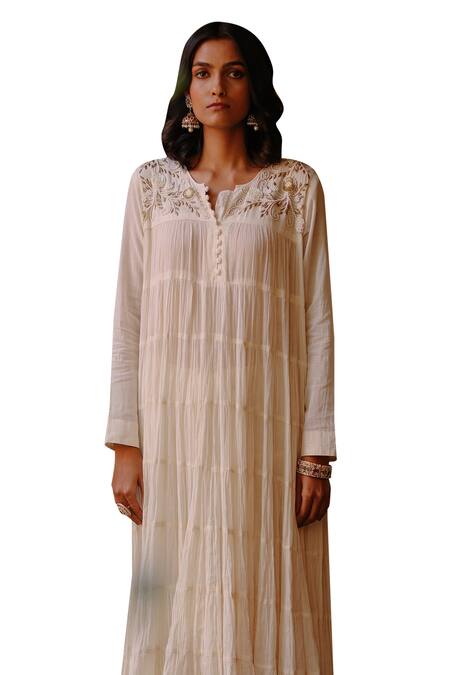 Buy Nazar By Indu White Cotton Embroidery Round Neck Gota Yoke Anarkali With Dupatta Buy_Nazar By Indu_White Cotton Embroidery Round Neck Gota Yoke Anarkali With Dupatta