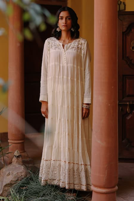 Shop Nazar By Indu White Cotton Embroidery Round Neck Gota Yoke Anarkali With Dupatta Shop_Nazar By Indu_White Cotton Embroidery Round Neck Gota Yoke Anarkali With Dupatta