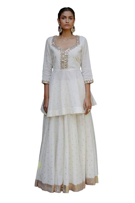 Shop Nazar By Indu White Cotton Embroidery, Mirrors Split Hand Block Print Short Kurta Skirt Set Online at Aza Fashions Shop_Nazar By Indu_White Cotton Embroidery, Mirrors Split Hand Block Print Short Kurta Skirt Set _Online_at_Aza_Fashions