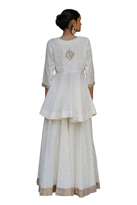 Buy Nazar By Indu White Cotton Embroidery, Mirrors Split Hand Block Print Short Kurta Skirt Set Buy_Nazar By Indu_White Cotton Embroidery, Mirrors Split Hand Block Print Short Kurta Skirt Set