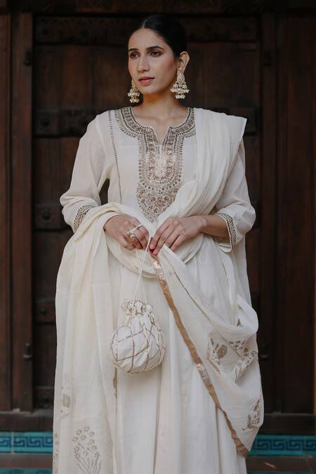 Nazar By Indu White Cotton Zari, Sequins Round Neck Block Printed Skirt Kurta Set Online at Aza Fashions Nazar By Indu_White Cotton Zari, Sequins Round Neck Block Printed Skirt Kurta Set _Online_at_Aza_Fashions