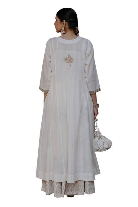 Nazar By Indu White Cotton Zari, Sequins Round Neck Block Printed Skirt Kurta Set at Aza Fashions Nazar By Indu_White Cotton Zari, Sequins Round Neck Block Printed Skirt Kurta Set _at_Aza_Fashions