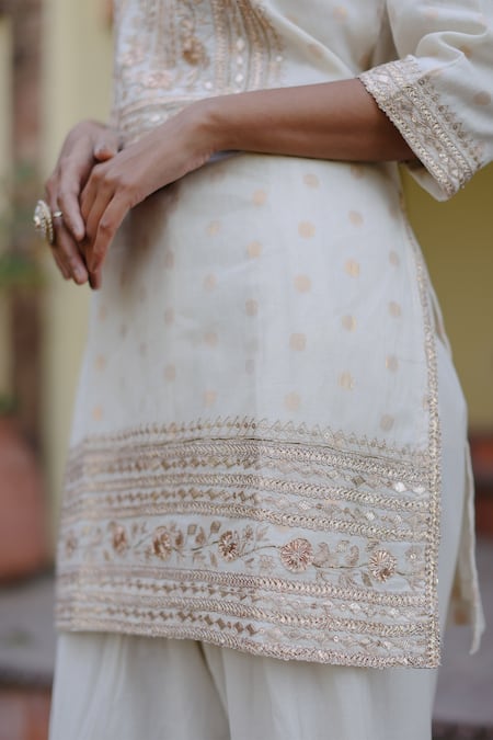 Nazar By Indu White Cotton Embroidery, Gota Patti Mandarin Collar Short Kurta Salwar Set at Aza Fashions Nazar By Indu_White Cotton Embroidery, Gota Patti Mandarin Collar Short Kurta Salwar Set _at_Aza_Fashions