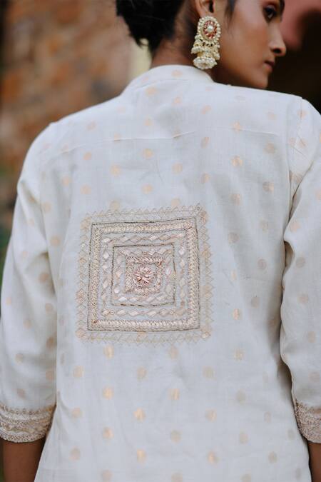 Buy Nazar By Indu White Cotton Embroidery, Gota Patti Mandarin Collar Short Kurta Salwar Set Buy_Nazar By Indu_White Cotton Embroidery, Gota Patti Mandarin Collar Short Kurta Salwar Set