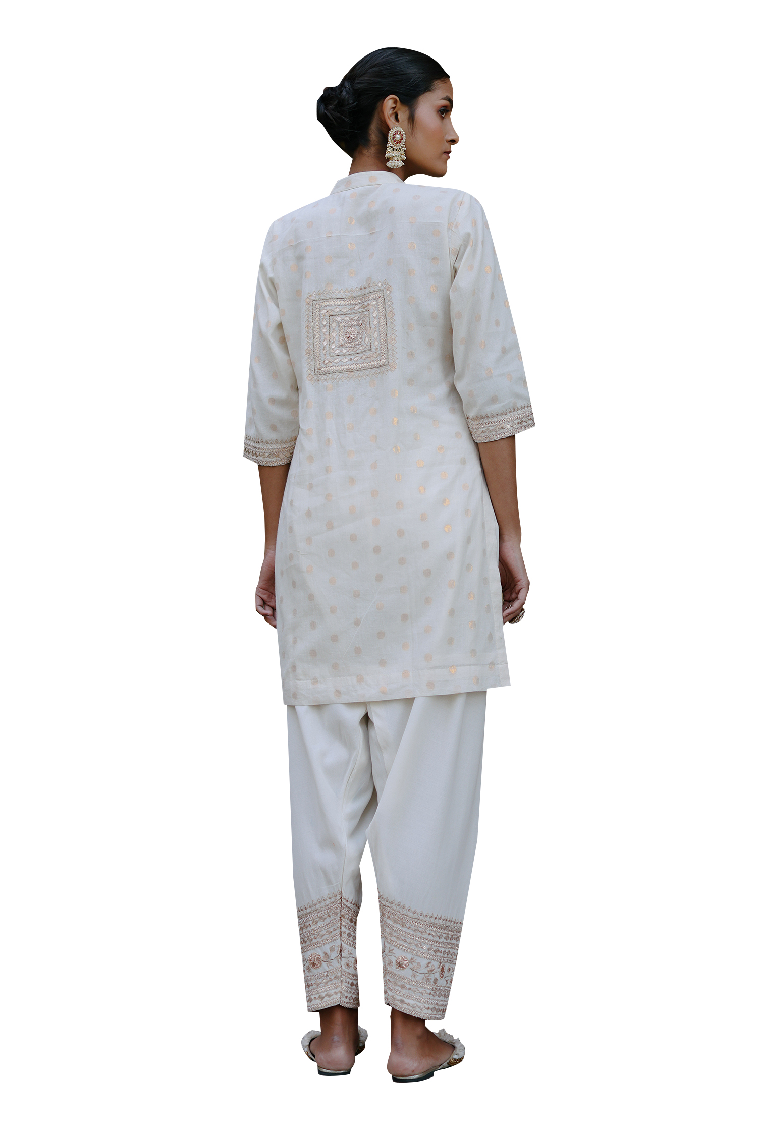Shop Nazar By Indu White Cotton Embroidery, Gota Patti Mandarin Collar Short Kurta Salwar Set Shop_Nazar By Indu_White Cotton Embroidery, Gota Patti Mandarin Collar Short Kurta Salwar Set