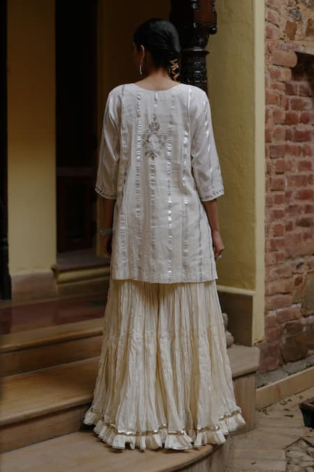 Shop_Nazar By Indu_White Cotton Beads, Gota Patti V-neck Embroidered Short Kurta Gharara Set _at_Aza_Fashions