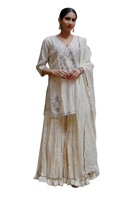 Nazar By Indu_White Cotton Beads, Gota Patti V-neck Embroidered Short Kurta Gharara Set _Online_at_Aza_Fashions