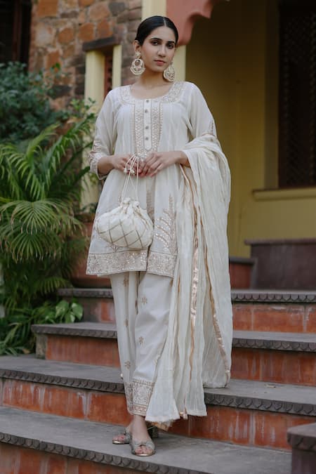 Nazar by Indu White Cotton Embroidered Gota Round Short Kurta Salwar Set