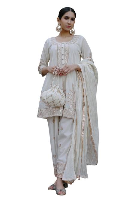 Nazar By Indu White Cotton Gota Patti Round Neck Embroidered Short Kurta Salwar Set Online at Aza Fashions Nazar By Indu_White Cotton Gota Patti Round Neck Embroidered Short Kurta Salwar Set _Online_at_Aza_Fashions