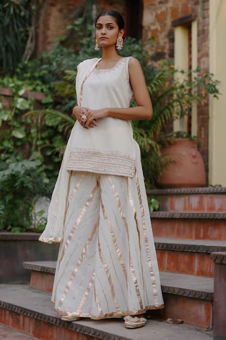 Nazar by Indu White Cotton Embroidered Gota Round Kurta Palazzo Set