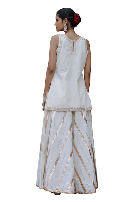 Nazar By Indu_White Cotton Gota Patti Round Neck Embroidered Kurta Palazzo Set _Online_at_Aza_Fashions