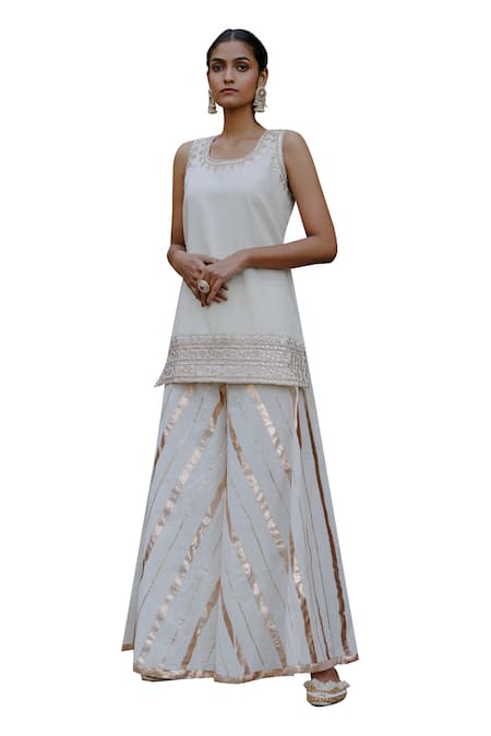 Shop_Nazar By Indu_White Cotton Gota Patti Round Neck Embroidered Kurta Palazzo Set _Online_at_Aza_Fashions