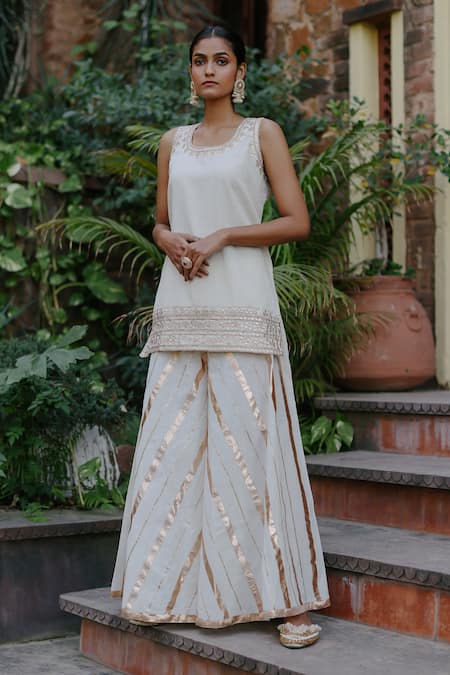 Nazar By Indu_White Cotton Gota Patti Round Neck Embroidered Kurta Palazzo Set _at_Aza_Fashions