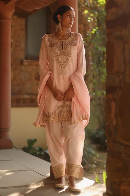 Nazar by Indu Pink Cotton Hand Embroidered Dabka Round Straight Kurta Set