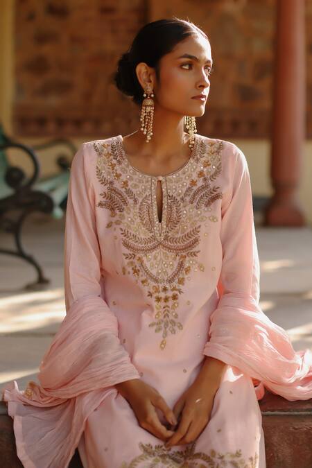 Nazar By Indu_Pink Cotton Sequins, Diamonds, Zari, Gota Patti, Embroidery Straight Kurta Set _Online_at_Aza_Fashions