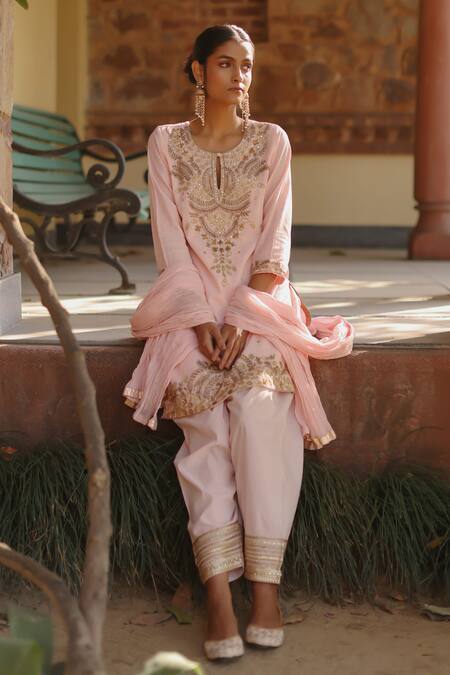 Buy_Nazar By Indu_Pink Cotton Sequins, Diamonds, Zari, Gota Patti, Embroidery Straight Kurta Set _Online_at_Aza_Fashions