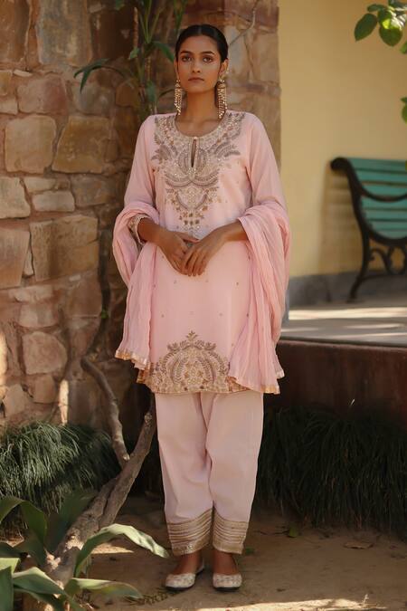 Shop_Nazar By Indu_Pink Cotton Sequins, Diamonds, Zari, Gota Patti, Embroidery Straight Kurta Set _Online_at_Aza_Fashions