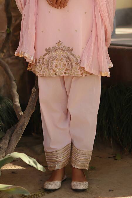 Nazar By Indu_Pink Cotton Sequins, Diamonds, Zari, Gota Patti, Embroidery Straight Kurta Set _at_Aza_Fashions